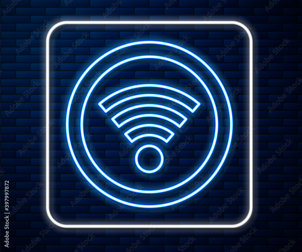 闪亮的霓虹灯线Wi-Fi无线互联网符号图标隔离在砖墙背景上。Vec