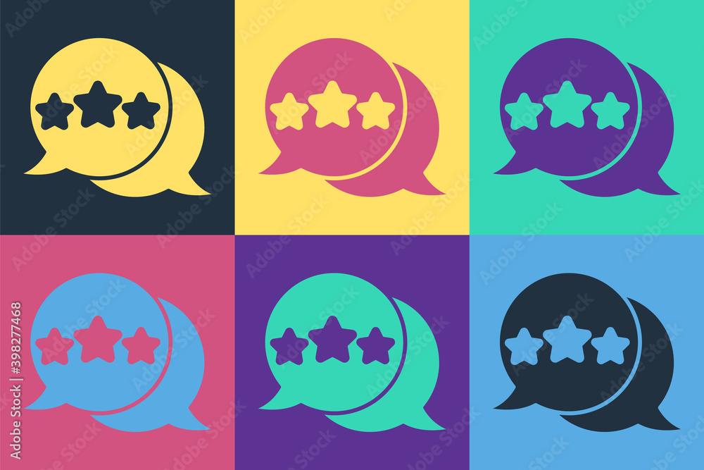 Pop art Five stars customer product rating review icon isolated on color background. Favorite, best 