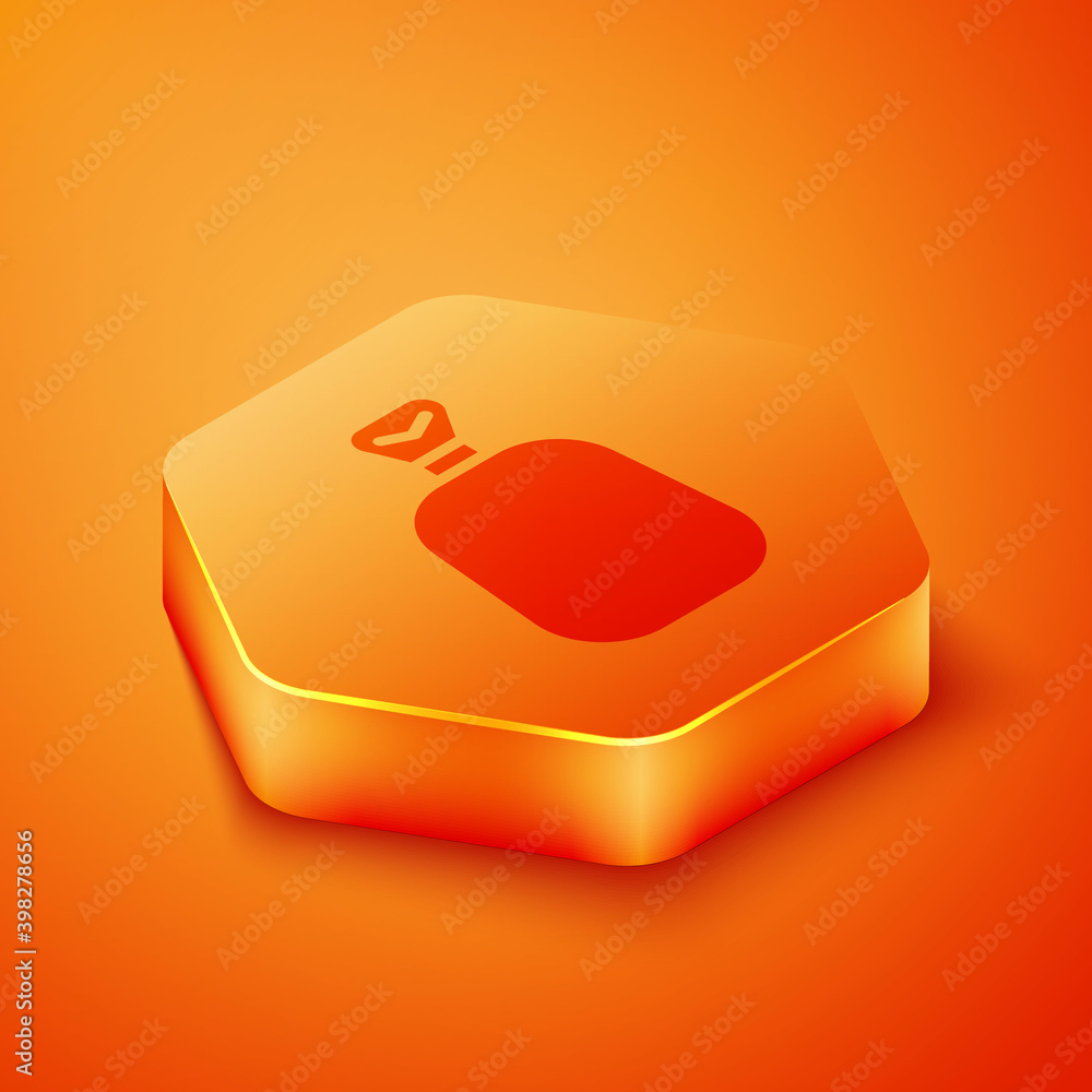 橙色背景上隔离的等距全袋图标。橙色六边形按钮。矢量。
