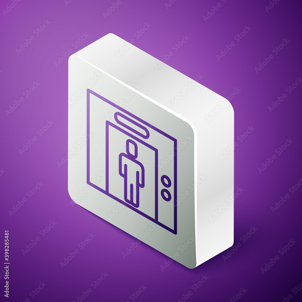 紫色背景上隔离的等距线电梯图标。电梯符号。银色方形按钮。Vecto