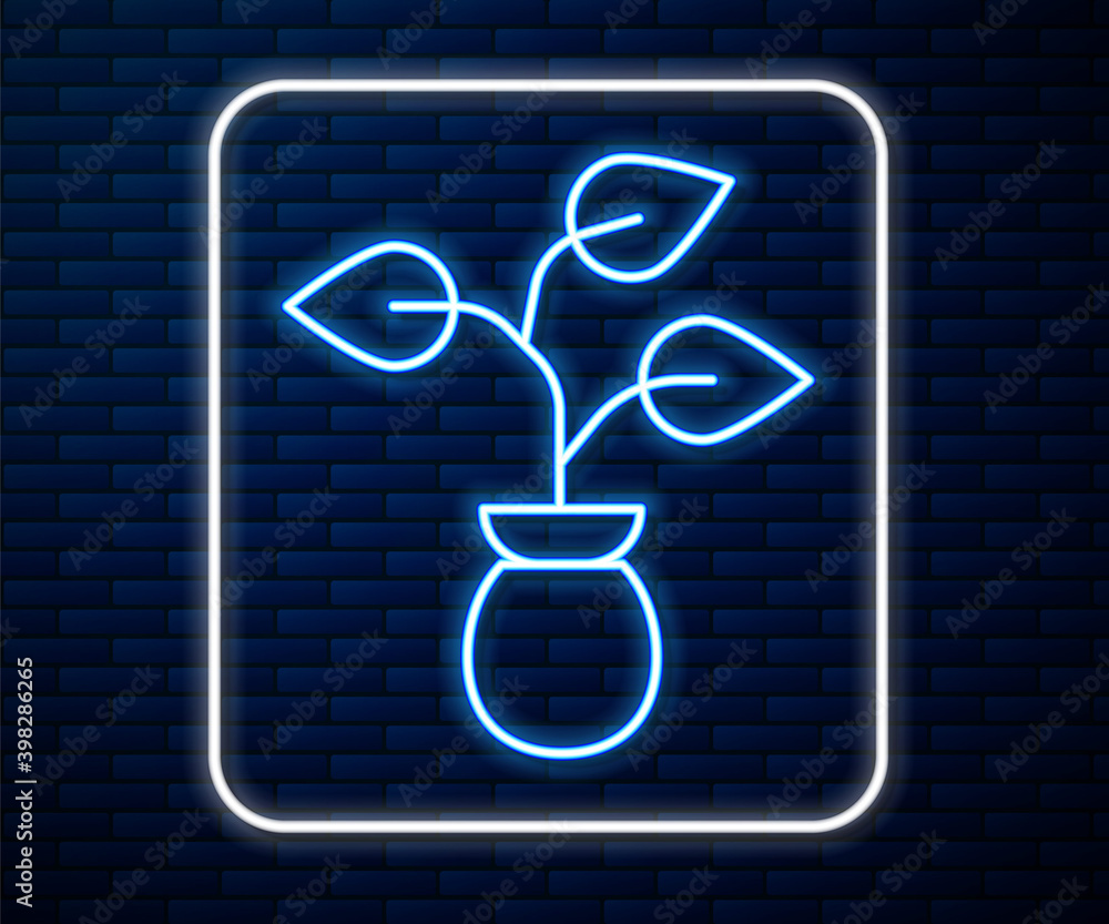 Glowing neon line Plant icon isolated on brick wall background. Seed and seedling. Leaves sign. Leaf