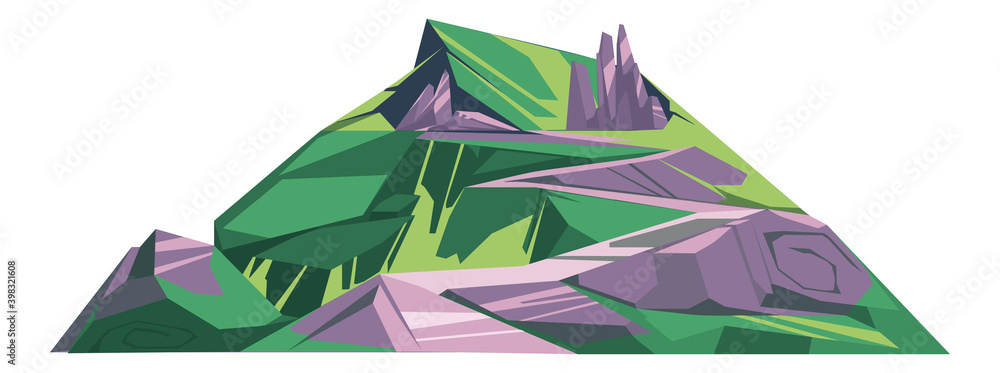 巨大的山丘，绿草如茵，灰色石头巨石或岩石卡通矢量插图，景观元素