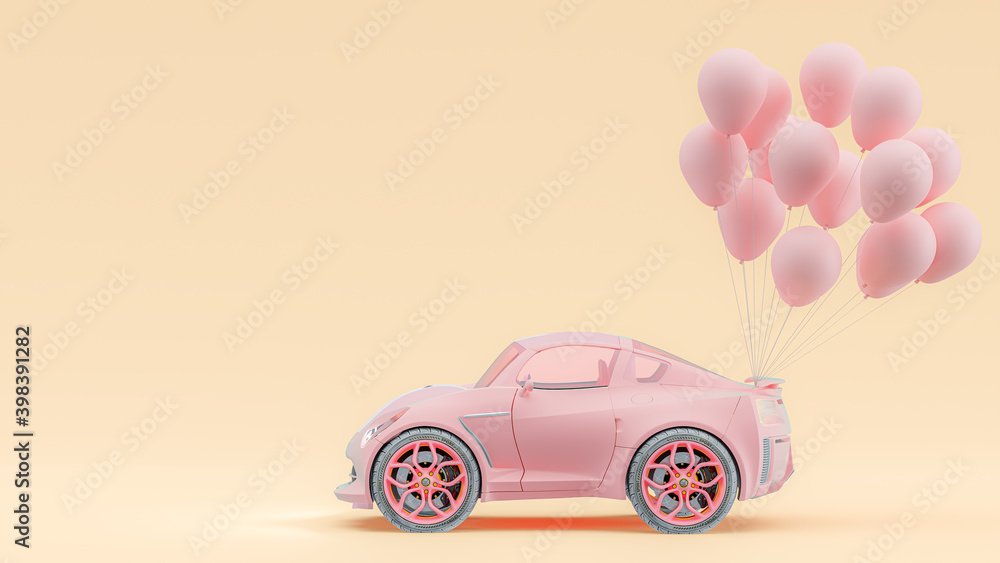 黄色背景上的粉色汽车和粉色气球粉彩。极简概念，3D渲染。