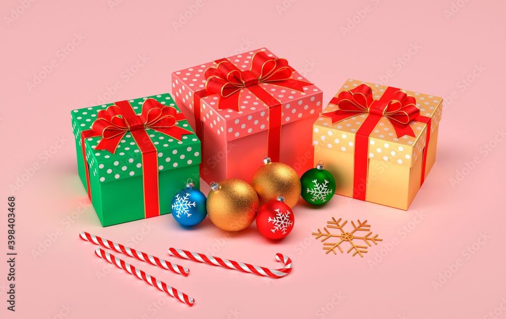 粉色背景的圣诞礼物。圣诞球、礼物和圣诞焦糖。