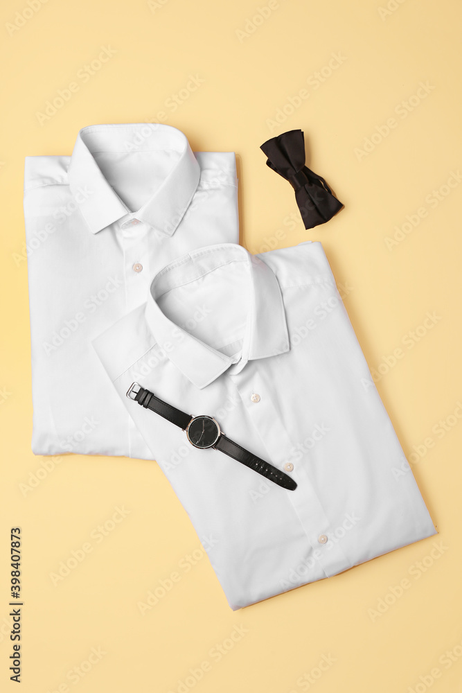 彩色背景新款男士衬衫、手表和领结