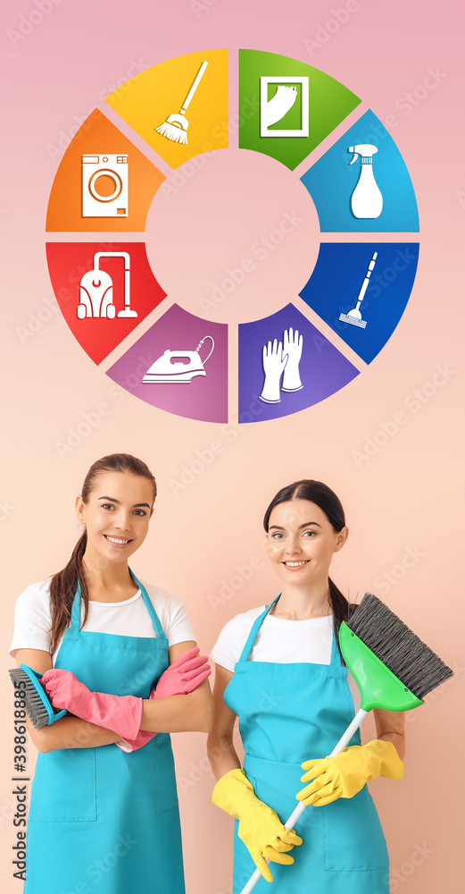 彩色背景上的女性门卫和清洁服务图标