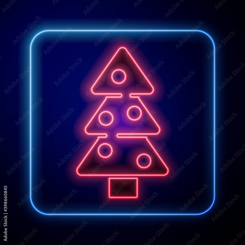 闪闪发光的霓虹灯圣诞树，蓝色背景上有独立的装饰图标。圣诞快乐，H