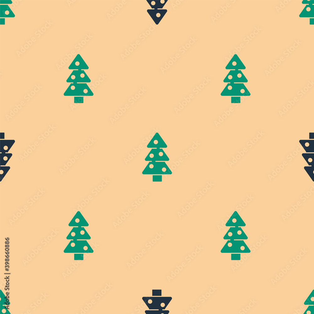 绿色和黑色圣诞树，带有装饰图标，米色背景上的无缝图案。