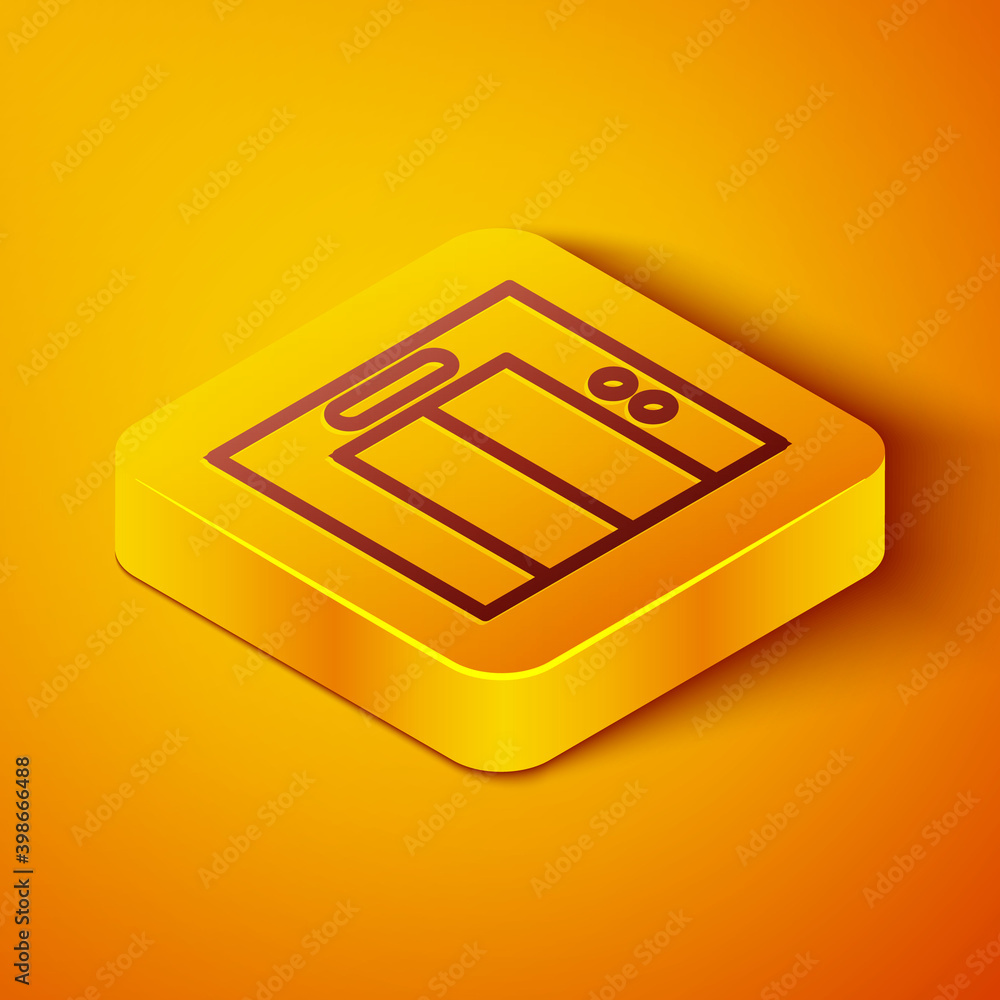 等距线电梯图标隔离在橙色背景上。电梯符号。黄色方形按钮。Vecto