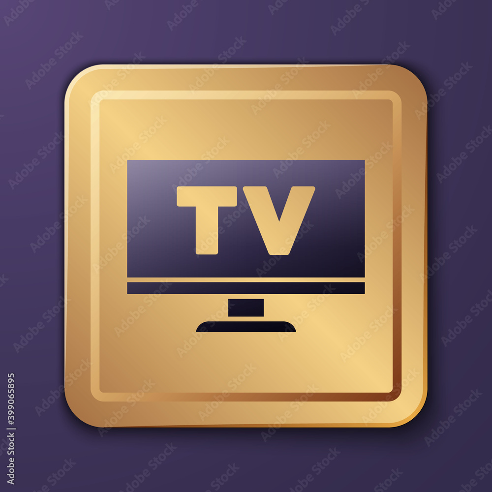 Purple Smart Tv icon isolated on purple background. Television sign. Gold square button. Vector.