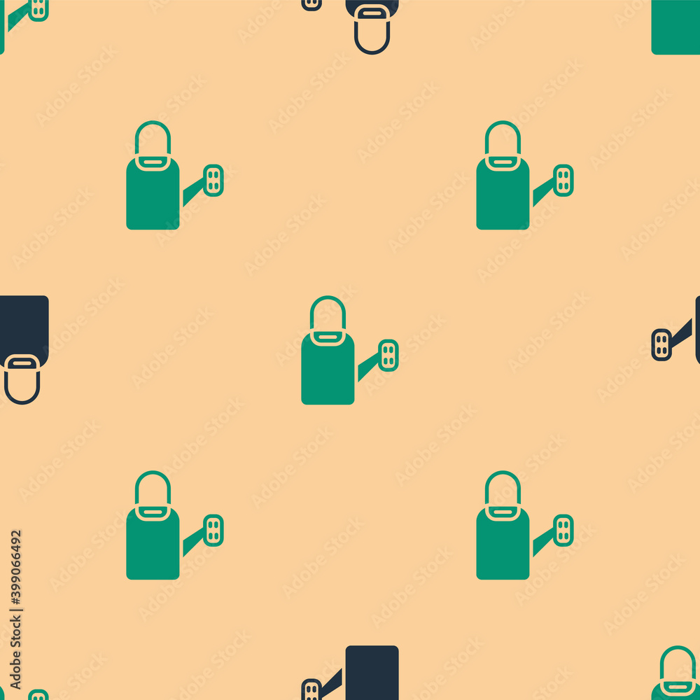Green and black Watering can icon isolated seamless pattern on beige background. Irrigation symbol. 