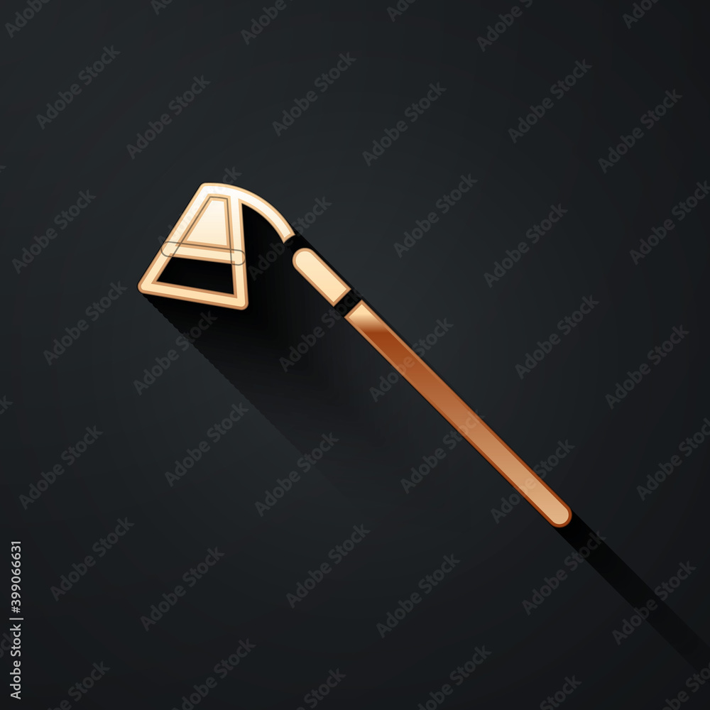 Gold Garden hoe icon isolated on black background. Tool for horticulture, agriculture, farming. Long