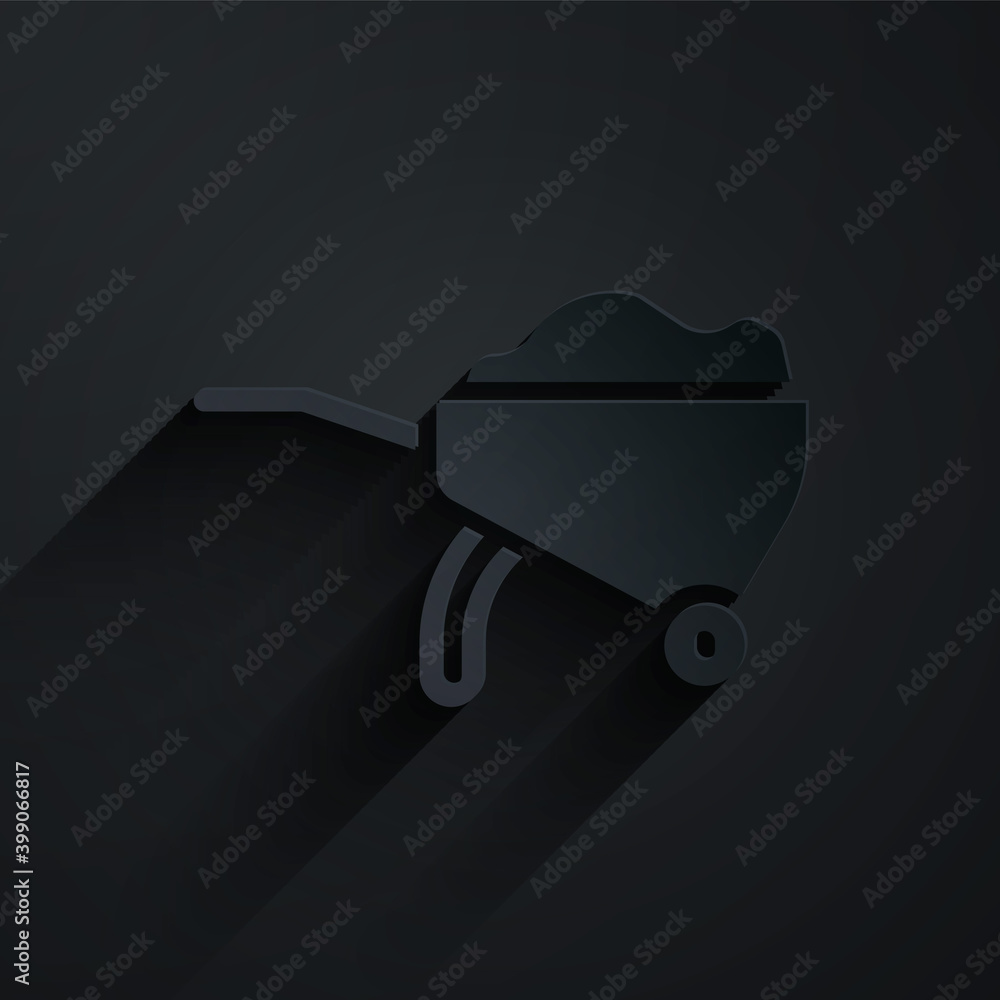 Paper cut Wheelbarrow with dirt icon isolated on black background. Tool equipment. Agriculture cart 