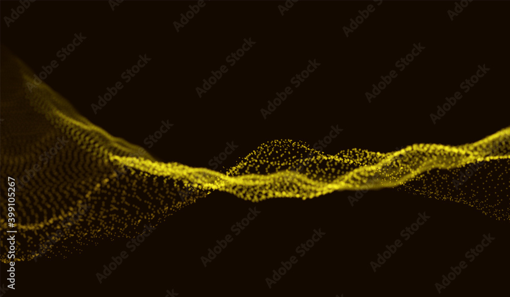 黄金粒子波背景。抽象动态网格。大数据技术。矢量网格插图。