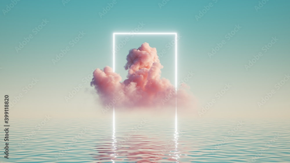 三维渲染，带有粉色云的抽象背景悬浮在发光的方形霓虹灯框架内，带有反光
