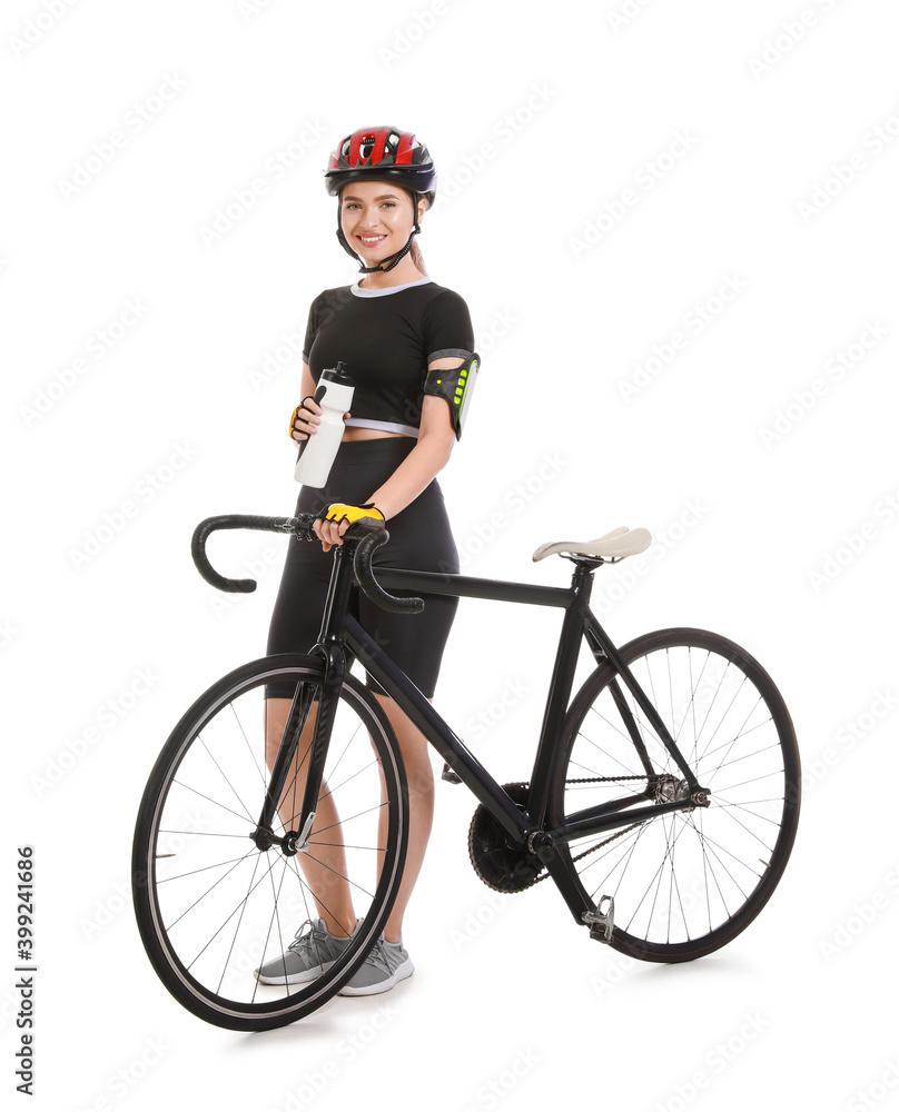 白底带自行车和水瓶的女自行车手