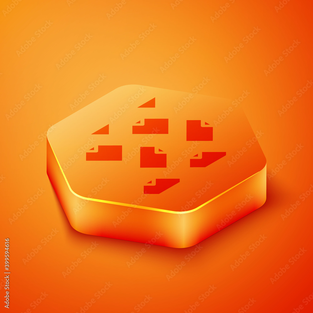 Isometric Data stream icon isolated on orange background. Orange hexagon button. Vector.