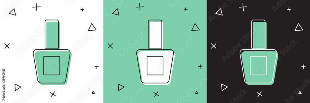 将指甲油瓶图标隔离在白色和绿色，黑色背景上。矢量。