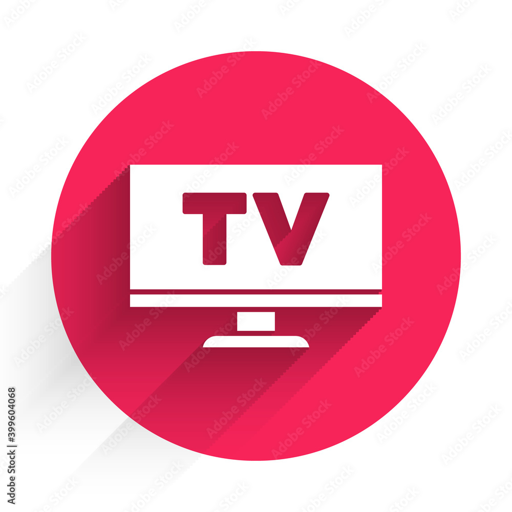 白色智能电视图标与长阴影隔离。电视标志。红色圆圈按钮。矢量。