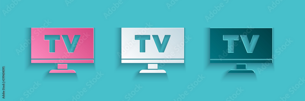 Paper cut Smart Tv icon isolated on blue background. Television sign. Paper art style. Vector.