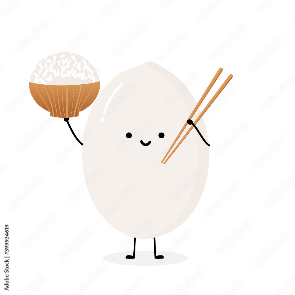 白色背景矢量插图上孤立有饭碗和筷子图标的大米卡通。