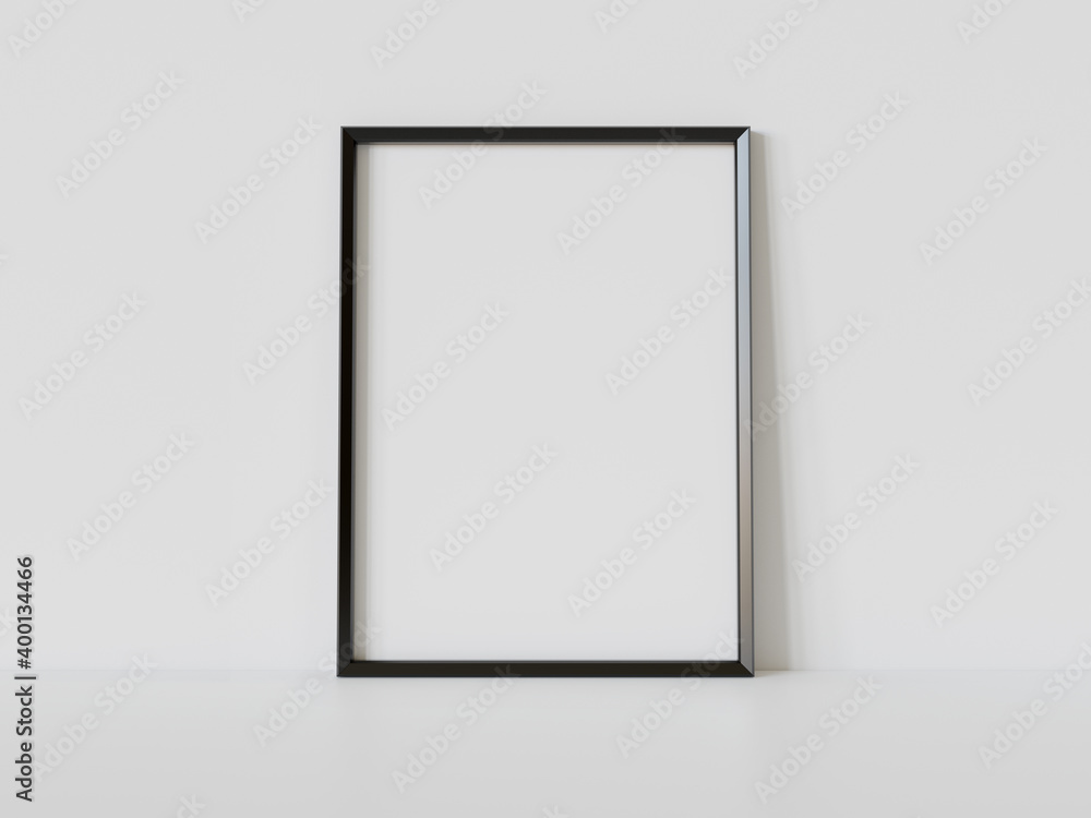 Black frame leaning on white floor in interior mockup. Template of a picture framed on a wall 3D ren