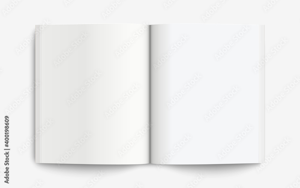 真实的实体书：空白打开的书，阴影隔离在光背景上。矢量插图