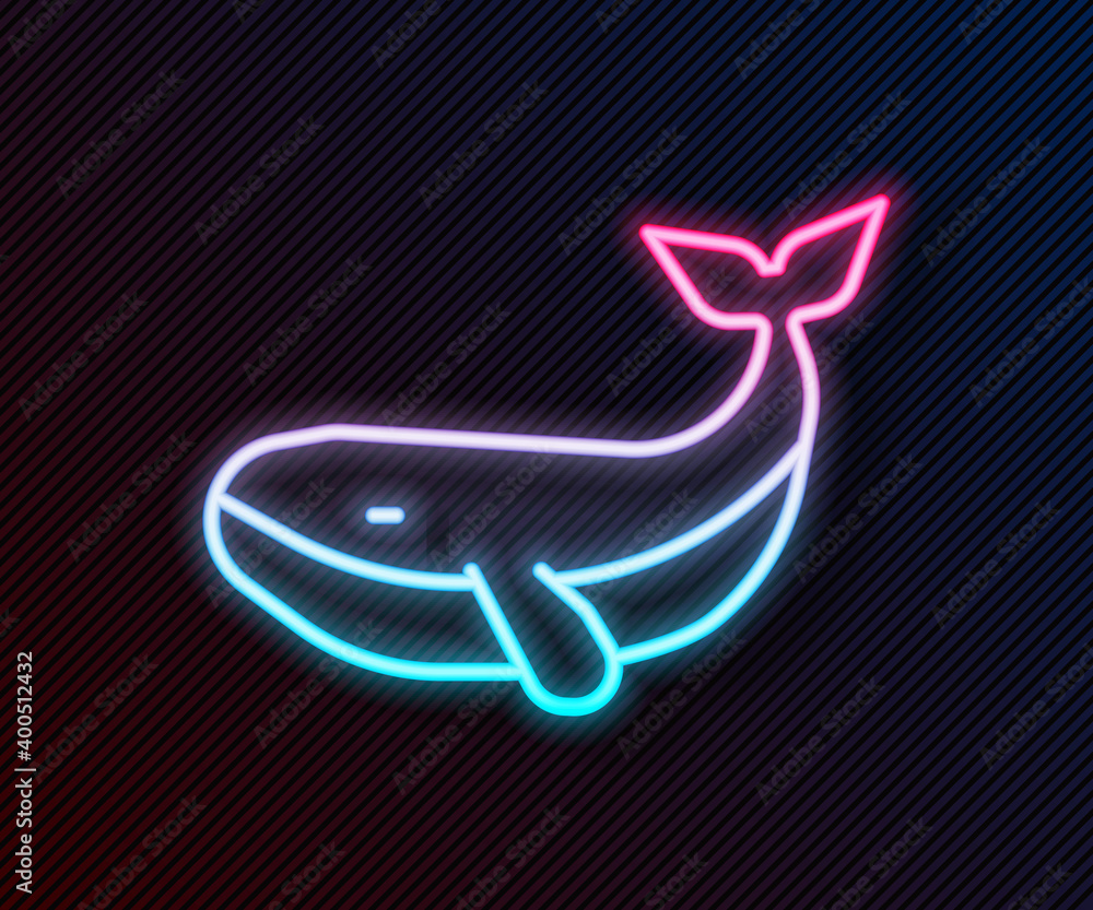 发光的霓虹线鲸鱼图标被隔离在黑色背景上。矢量。