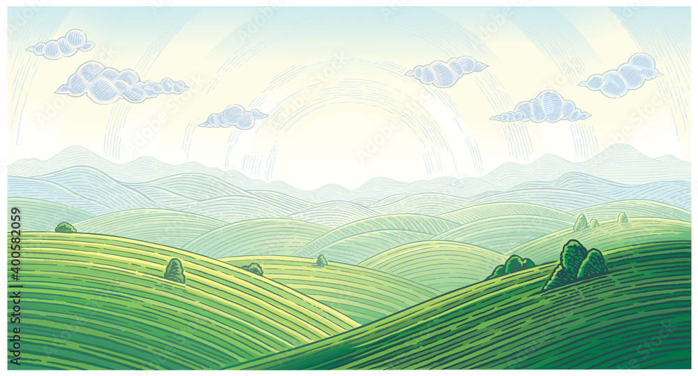 夏季景观，山丘、山脉和地平线上的日出，矢量插图。