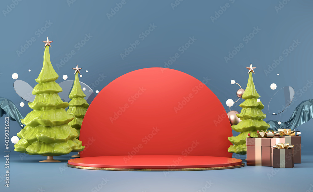 带松树和装饰的抽象圣诞快乐产品展示台3d渲染