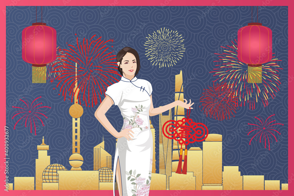 在城市背景下，穿着中国传统白色服装（qi pao）的年轻亚洲女性