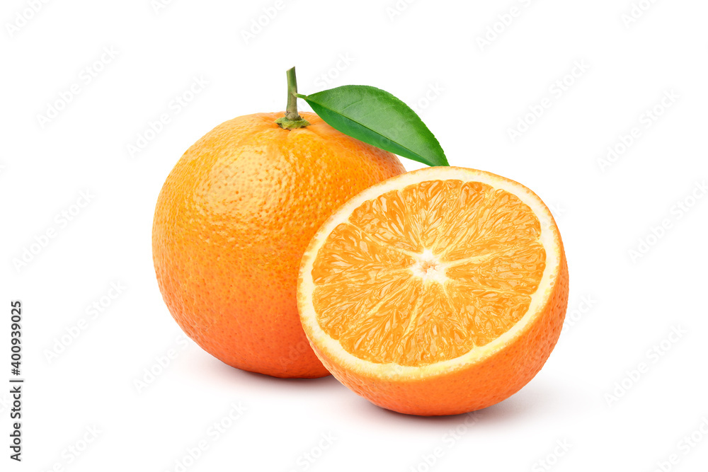 Orange fruit with cut in half  isolated on white background. Clipping path.
