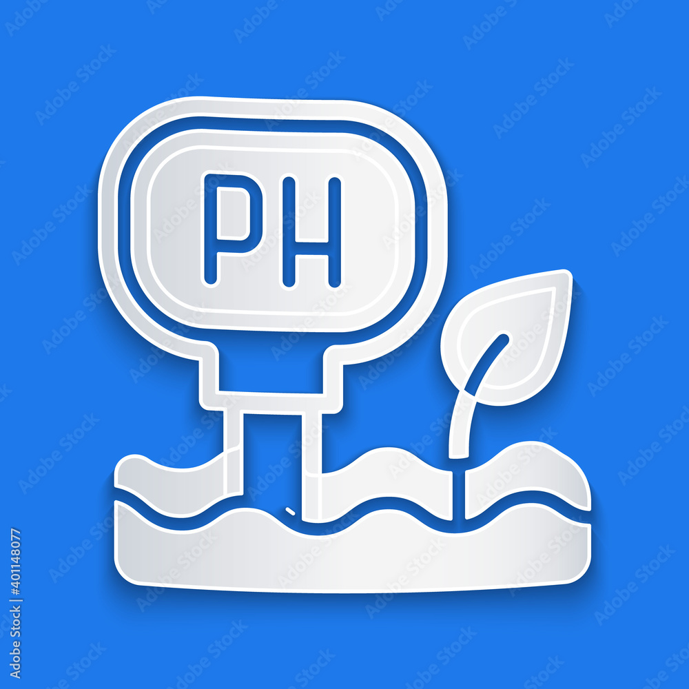 Paper cut Soil ph testing icon isolated on blue background. PH earth test. Paper art style. Vector.
