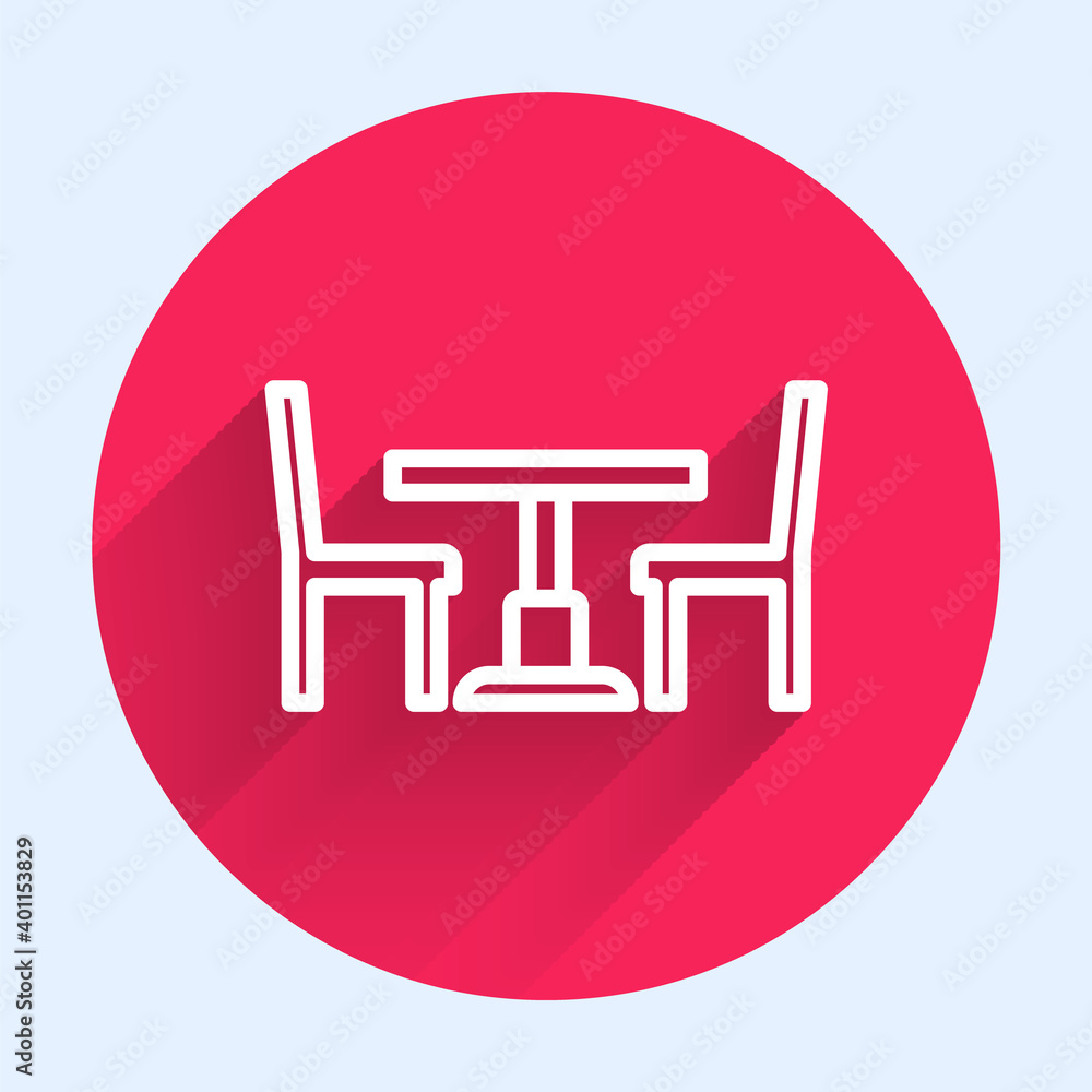白色线条木桌，椅子图标与长阴影隔离。红色圆圈按钮。矢量。