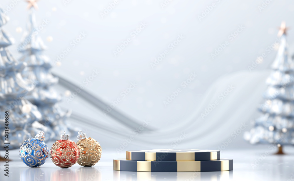 抽象圣诞快乐产品展示台，配有松树和装饰球，3d渲染柔和f
