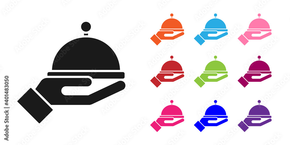 黑色，白色背景上有一托盘食物图标。托盘和盖子标志。餐厅c