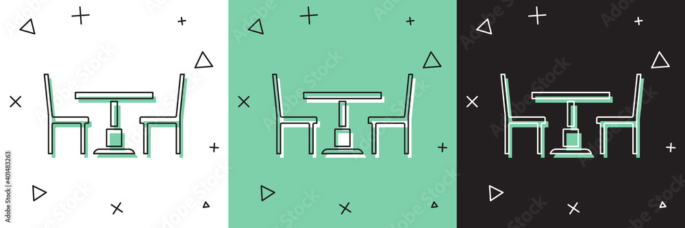 在白色、绿色、黑色背景上设置带有椅子图标的木制桌子。矢量。