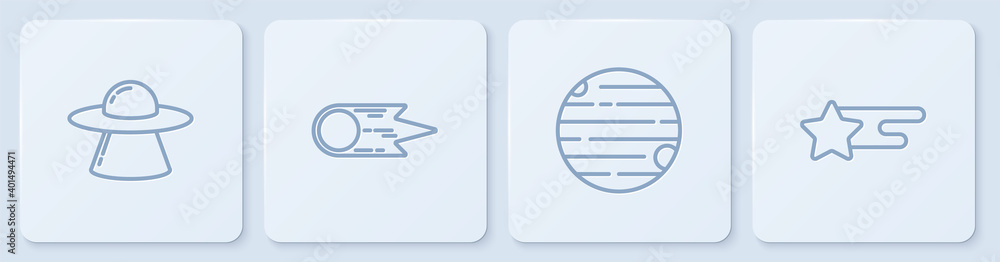 Set line UFO flying spaceship, Planet, Comet falling down fast and Falling star. White square button