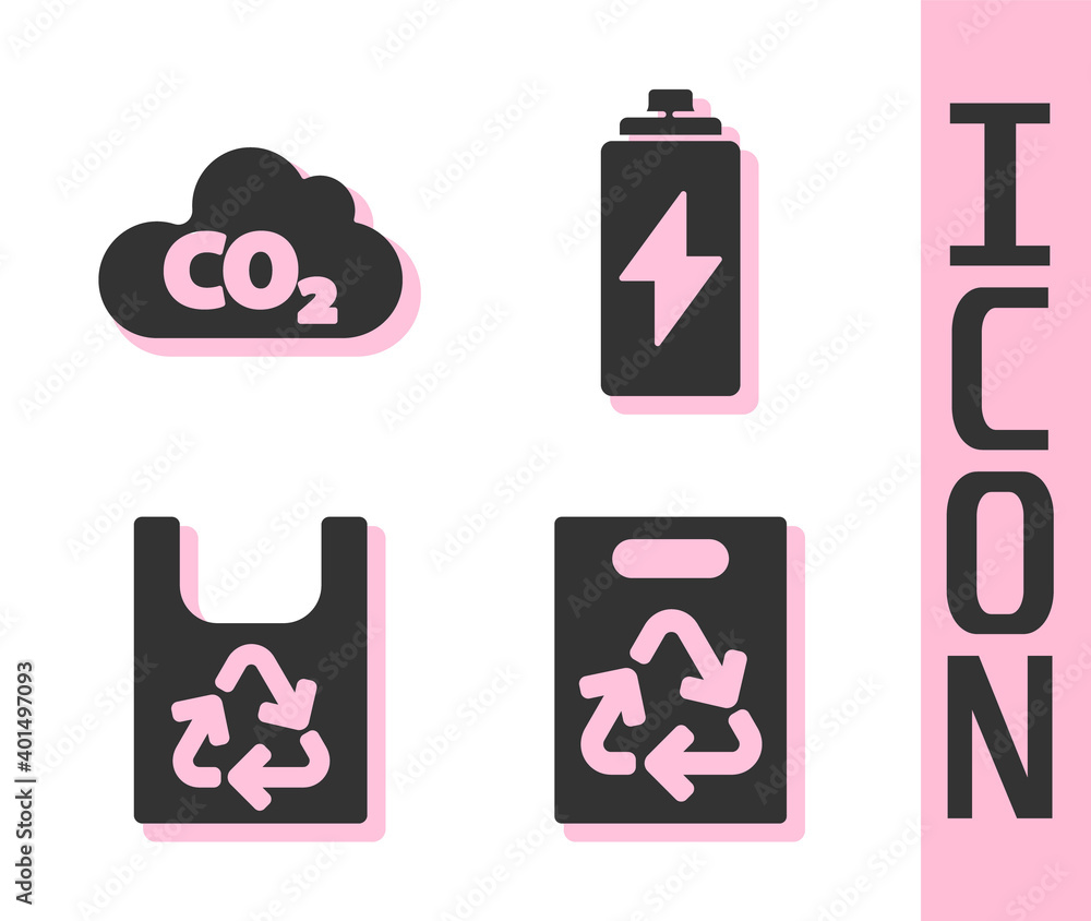 设置带回收的纸袋，云中二氧化碳排放，带回收和电池图标的塑料袋。Vecto