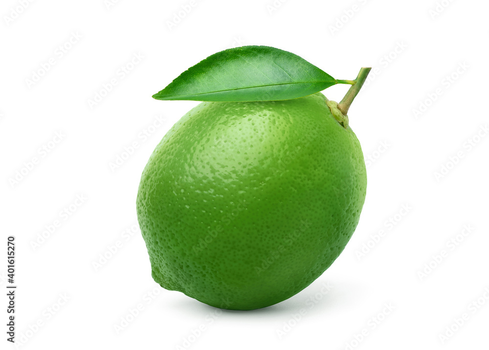 Green lime with leaf isolated on white background. Clipping path.