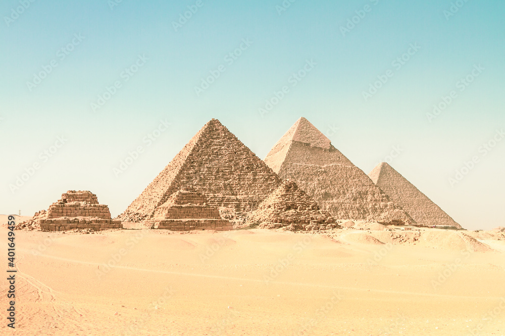 The pyramids of Giza, Cairo, Egypt. Oldest of the Seven Wonders of the Ancient World, and the only o