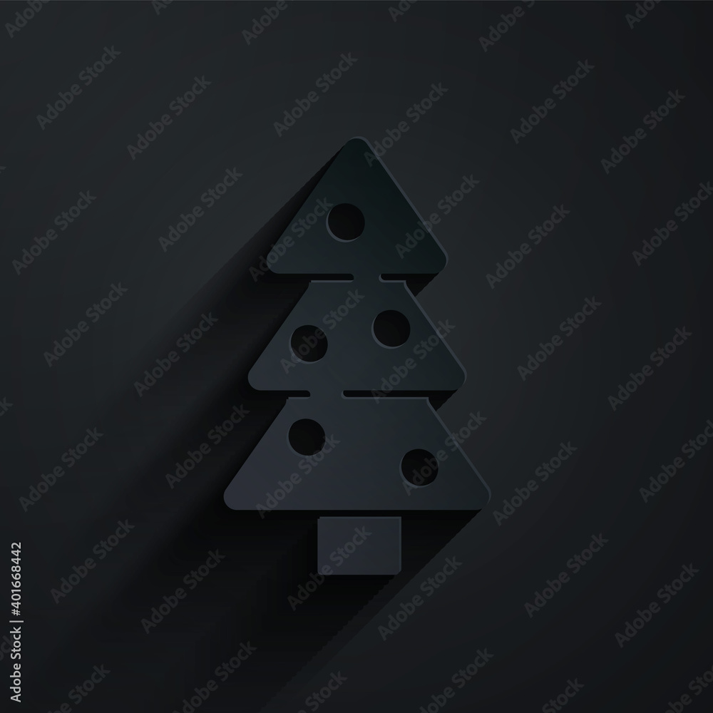 剪纸圣诞树，黑色背景上有独立的装饰图标。圣诞快乐