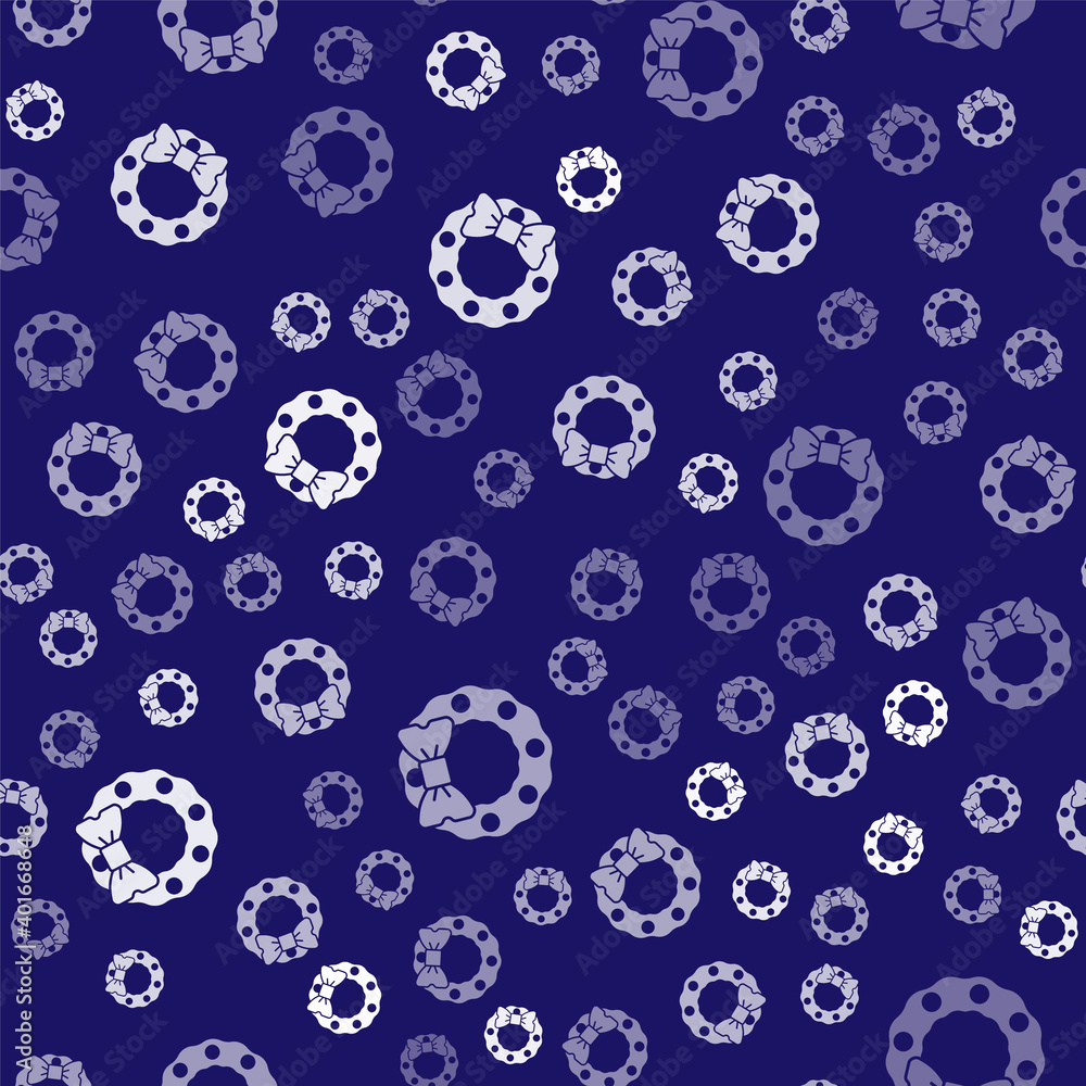White Christmas wreath icon isolated seamless pattern on blue background. Merry Christmas and Happy 