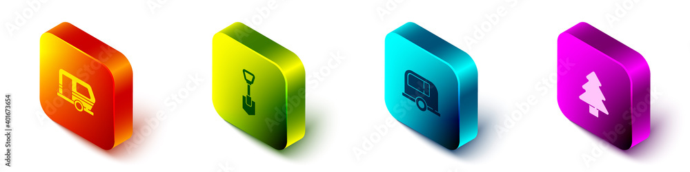 Set Isometric Rv Camping trailer, Shovel, and Forest icon. Vector.
