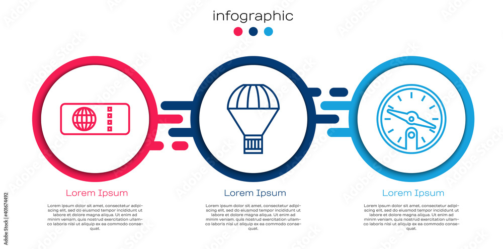 Set line Airline ticket, Box flying on parachute and Compass. Business infographic template. Vector.