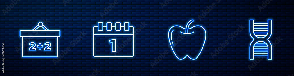 设置线条苹果、黑板、日历9月1日和DNA符号。砖上闪闪发光的霓虹灯图标