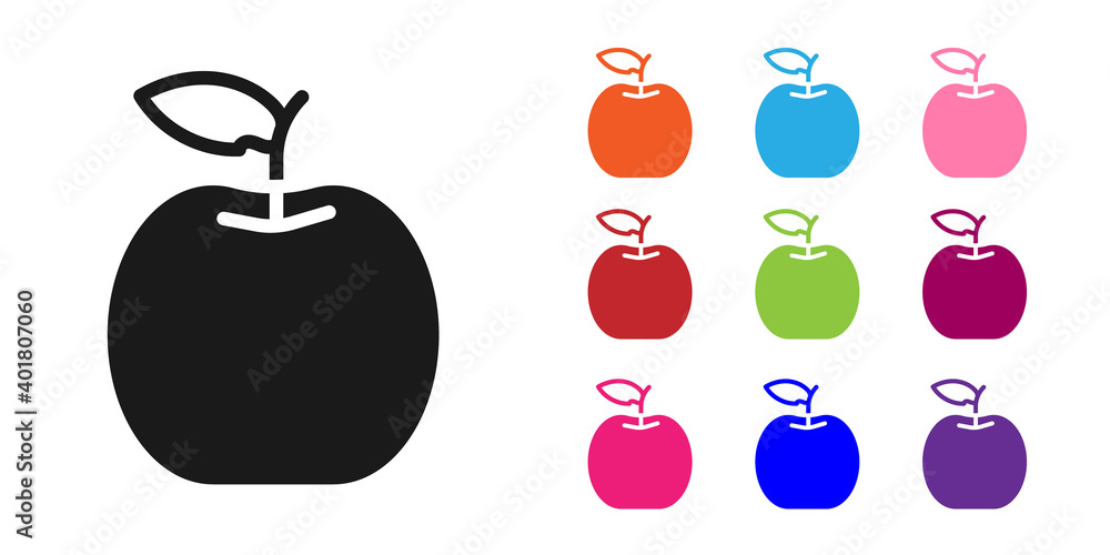 黑苹果图标隔离在白底上。带叶子的水果符号。将图标设置为彩色。矢量。