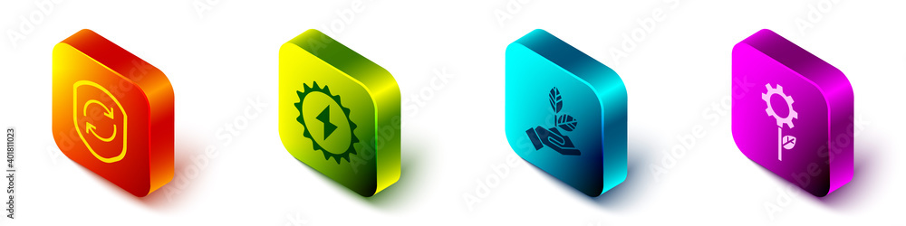 Set Isometric Recycle symbol inside shield, Solar energy panel, Plant in hand and Leaf plant in gear