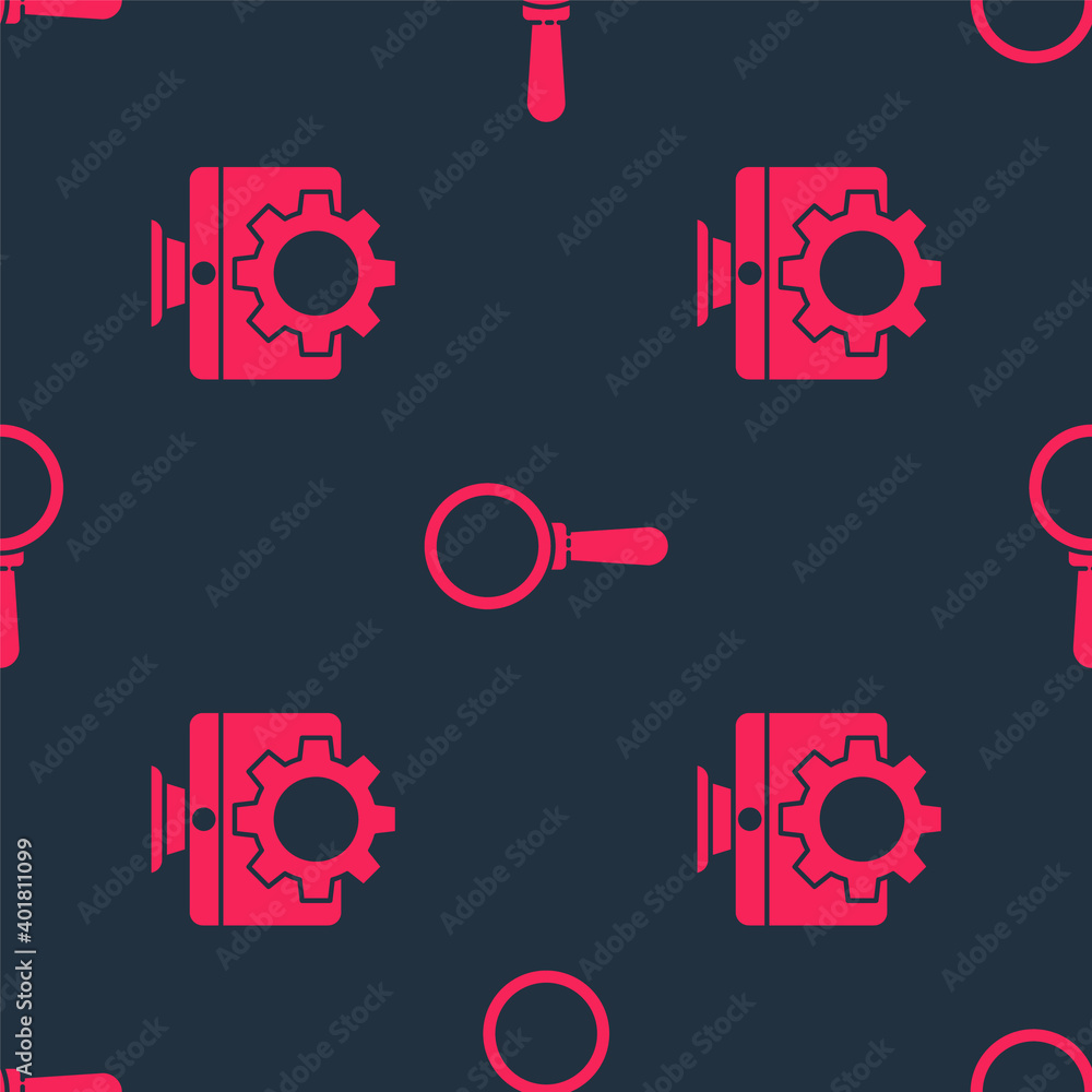 Set Computer monitor and gear and Magnifying glass on seamless pattern. Vector.