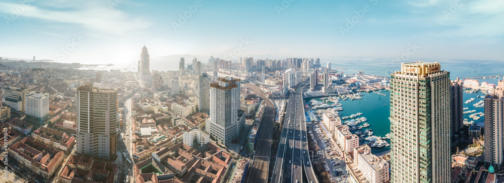 航拍中国青岛现代城市建筑景观天际线